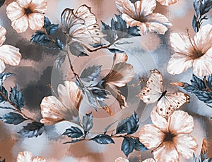 Hand-drawn watercolor floral seamless pattern with the tender white and pink hibiscus flowers and butterflies