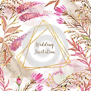 Hand drawn watercolor florals with golden polygonal elements. Frame design with leaves, plants, flowers and geometrical elements