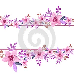 Hand drawn watercolor flower design element with blank line. Rectangle copy space with pink flowers isolated