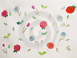 Hand drawn watercolor flowers and leaves on white paper. Pattern with red roses, tulips, blue flowers and leaves