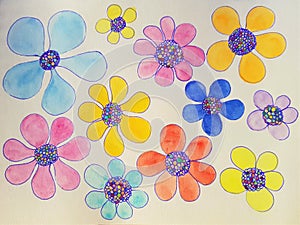 Hand drawn watercolor flowers with pen contour on white paper