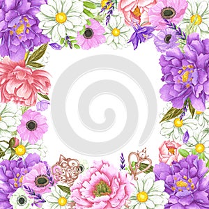 Hand drawn watercolor flowers with vintage keys frame border isolated on white background. Can be used for post card, label and