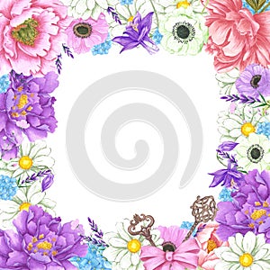 Hand drawn watercolor flowers with vintage keys frame border isolated on white background. Can be used for post card, label and