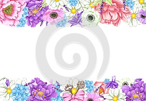 Hand drawn watercolor flowers with vintage keys frame border isolated on white background. Can be used for post card, label and