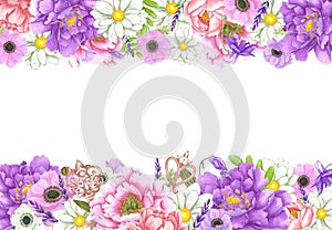 Hand drawn watercolor flowers with vintage keys frame border isolated on white background. Can be used for post card, label and