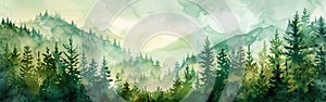 Hand-Drawn Watercolor Forest Landscape with Green Fir and Spruce Trees as Background Illustration