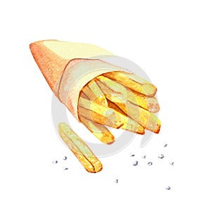 Hand drawn watercolor french fry in paper wrapping, delicious fast food illustration, isolated on white background.