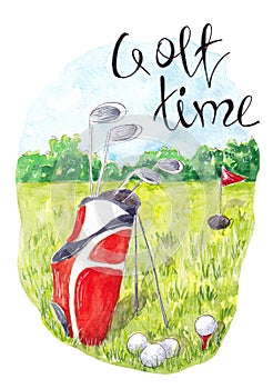 Hand drawn watercolor Golf club and balls in a bag. Lettering Golf Time