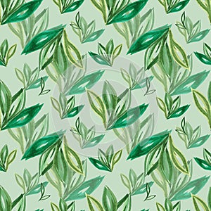 Hand drawn Watercolor green abstract flowers seamless pattern on the grey background. Scrapbook design elements. Typography poster