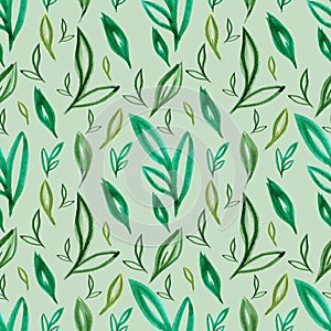 Hand drawn Watercolor green abstract leaves seamless pattern on the green background. Scrapbook design elements. Typography poster