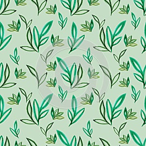 Hand drawn Watercolor green abstract leaves seamless pattern on the grey background. Scrapbook design elements. Typography poster