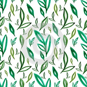 Hand drawn Watercolor green abstract leaves seamless pattern on the white background. Scrapbook design elements. Typography poster