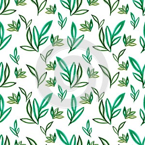 Hand drawn Watercolor green abstract leaves seamless pattern on the white background. Scrapbook design elements. Typography poster