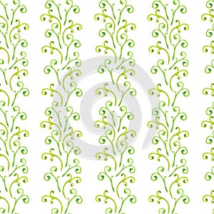 Hand drawn watercolor green curls seamless pattern isolated on white background. Can be used for textile, fabric, gift-wrapping