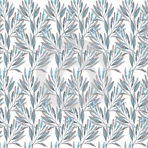 Hand drawn watercolor grey, blue and copper flowers and leaves seamless pattern. Isolated on white. Can be used for gift-wrapping