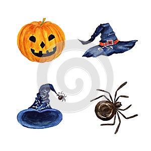 Hand drawn watercolor Halloween illustrations with pampkin, spider and hats isolated on white background