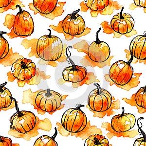 Hand drawn watercolor Halloween seamless pattern with pampkin isolated on white background