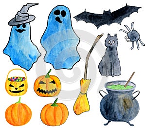Hand drawn watercolor halloween set. Ghost, carved pumpkin, poison pot, broom, black cat, bat, spider, witch hat clip art isolated