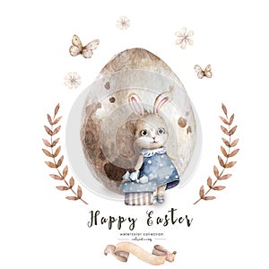 Hand drawn watercolor happy easter cute baby bunny with egg. Rabbit bohemian cartoon style, isolated boho illustration