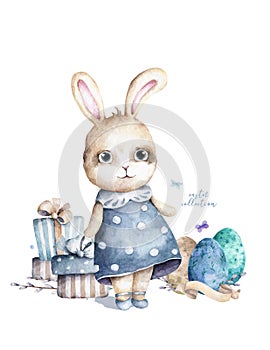 Hand drawn watercolor happy easter cute bunny with sheep and mill design. Rabbit bohemian cartoon style, isolated boho