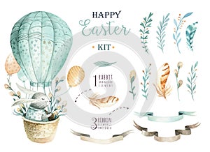 Hand drawn watercolor happy easter set with bunnies design.Rabb