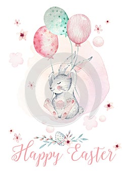 Hand drawn watercolor happy easter set with bunnies design. Rabbit balloon fly, isolated boho illustration on white