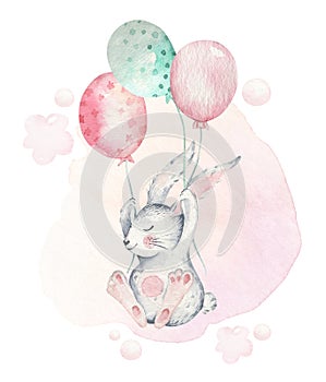 Hand drawn watercolor happy easter set with bunnies design. Rabbit balloon fly, isolated boho illustration on white