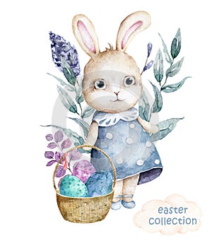Hand drawn watercolor happy easter set with bunnies design. Rabbit bohemian style, isolated boho illustration on white. Cute baby
