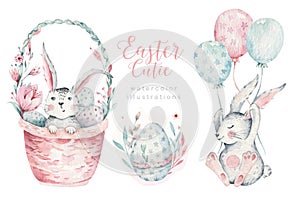 Hand drawn watercolor happy easter set with bunnies design. Rabbit bohemian style, isolated eggs illustration on white