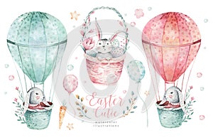 Hand drawn watercolor happy easter set with bunnies design. Rabbit bohemian style, isolated eggs illustration on white