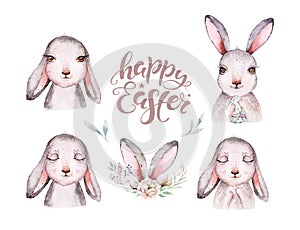 Hand drawn watercolor happy easter set with bunnies head and flral wreath design. Rabbit bohemian style, buny isolated boho