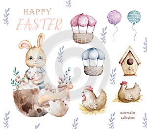 Hand drawn watercolor happy easter Watecolor cute baby bunny with lamp sitting intro egg. Rabbit bohemian cartoon style, isolated