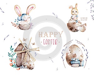 Hand drawn watercolor happy easter Watecolor cute baby bunny with lamp sitting intro egg. Rabbit bohemian cartoon style, isolated