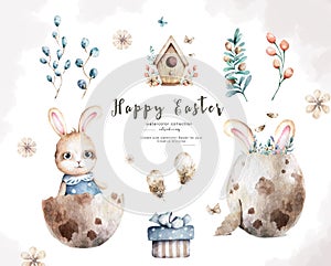 Hand drawn watercolor happy easter whole and broken Easter shells egg cute baby bunny with floral. Rabbit bohemian cartoon style,