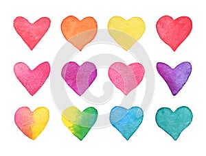 Hand drawn watercolor heart set. Rainbow hearts collection isolated on white background. Romantic design element for wedding
