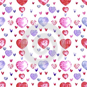 Hand drawn watercolor hearts seamless pattern on the white background. Scrapbook design, typography poster, label, banner, textile