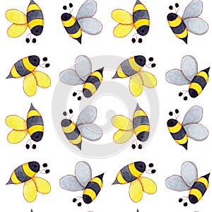 Hand drawn Watercolor Honey Bee Seamless Pattern for card making, paper, textile and printing