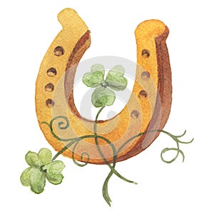 Hand drawn watercolor horseshoe with clover.