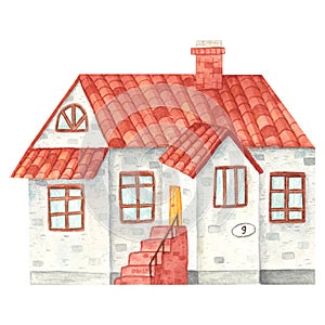 Hand drawn watercolor house with tiled roof, porch, chimney isolated on white background. Cute cozy rural lodge in grey