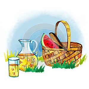 Hand drawn watercolor illustration with basket, watermelon and lemonade on grass. Picnic, summer eating out and barbecue