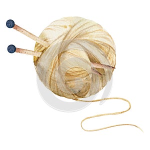 Hand drawn watercolor illustration. Beige ball of yarn with needles, hobby knitting handmade weave, natural color wool