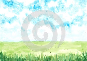 Hand drawn watercolor illustration, blue sky with green meadow, natural background
