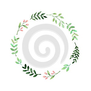 Hand drawn watercolor illustration. Botanical greenery wreath with branches and leaves. Floral Design elements. Perfect for