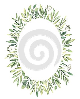 Hand drawn watercolor illustration. Botanical oval label of green branches and leaves. Spring mood. Floral Design elements.