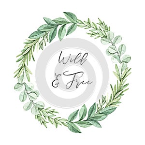 Hand drawn watercolor illustration. Botanical wreath with eucalyptus branches and leaves. Greenery. Floral Design elements.