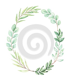 Hand drawn watercolor illustration. Botanical wreath with eucalyptus, branches and leaves. Greenery. Floral spring Design elements