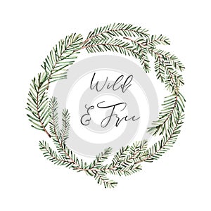 Hand drawn watercolor illustration. Botanical wreath with pine cone branches. Winter christmas wreath. Floral Design elements.