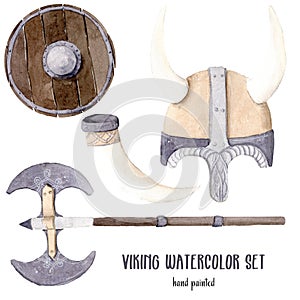 Hand drawn watercolor illustration boy clipart vikings set isolated objects blue yellow shield helmet with horns labrys