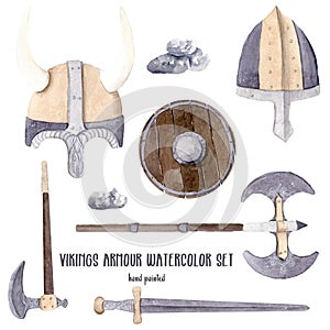 Hand drawn watercolor illustration boy clipart vikings set isolated objects blue yellow shield labrys axe helmet with horns