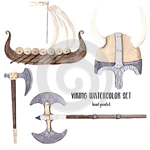 Hand drawn watercolor illustration boy clipart vikings set isolated objects labrys ship boat helmet with horns axe